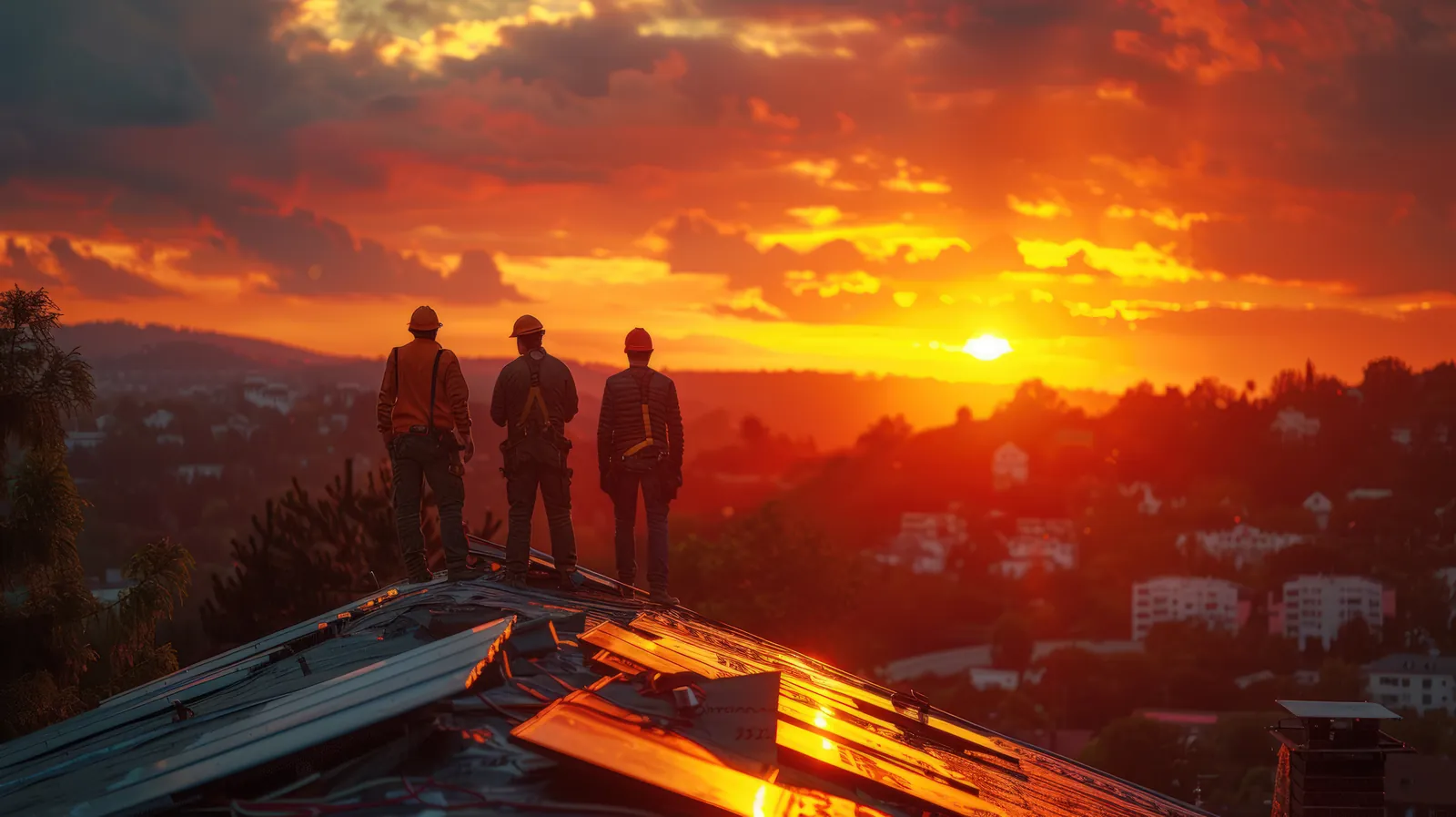 Roofing crew on an Arizona rooftop at sunset
